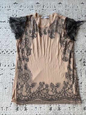 Valentino Beige Tee with Black Lace Cap Sleeves